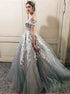 Ball Gown Off the Shoulder Sweep Train Grey Tulle Prom Dress with Appliques LBQ1812